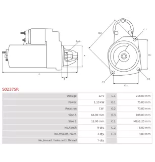 Démarreur 12V 1.10kW 9 dents Remplace BOSCH 0001137001, 0001137002