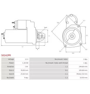 Démarreur 12V 1.20kW 9 dents BMW 12412344243, 12412354701, 12417521116, 12417521122, 12417521123