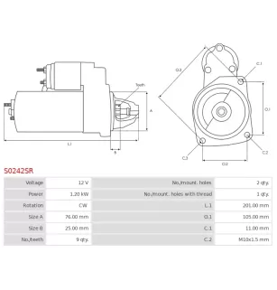 Démarreur 12V 1.20kW 9 dents Remplace BMW 12412344243, 12412354701, 12417521116, 12417521122, 12417521123
