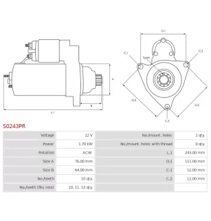 Démarreur 12V 1.70kW 10 dents BOSCH 0001123014, 0001123015, 0986020260, CARGO 113841, DELCO DRT0260
