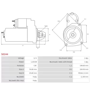 Démarreur 12V 1.20kW 9 dents AS-PL S0244, UD12066S, BMW 12412344246, 12412354706, 12417523450