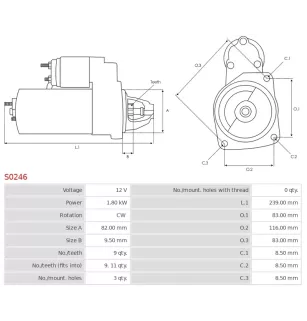 Démarreur 12V 1.80kW 9 dents AS-PL S0246, BOSCH 0001108204, 0001108247