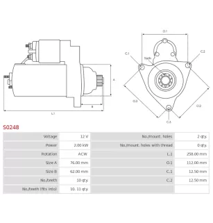 Démarreur 12V 2.00kW 10 dents AS-PL S0248, BOSCH 0001109257, 0001125018, 0001125048, 0001125604