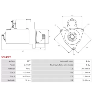 Démarreur 12V 2.00kW 10 dents BOSCH 0001109257, 0001125018, 0001125048