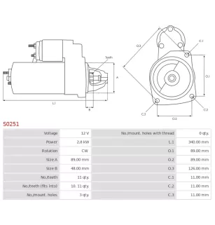 Démarreur 12V 2.8kW 11 dents AS-PL S0251, S4010, S9024, UD16660S, BOSCH 0001359047, 0001359124