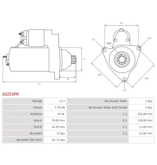 Démarreur 12V 1.70kW 10 dents BOSCH 0001123016, 0001123017, 0986020280, CARGO 113509, DENSO DSN3008