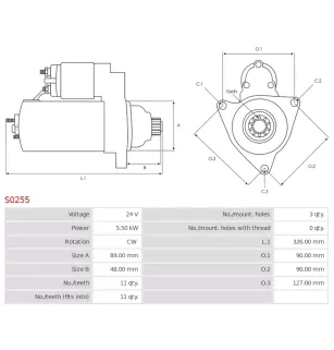 Démarreur 24V 5.50kW 11 dents AS-PL S0255, UD12677S, BOSCH 0001241008, 0001241012, 0001261016