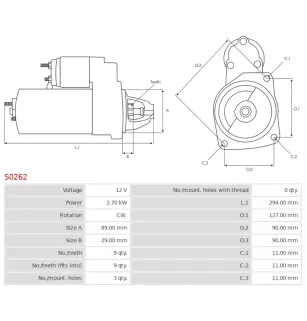 Démarreur 12V 2.70kW 9 dents AS-PL S0262, BOSCH 0001359003, 0001362305, 0001362313, 0001367004