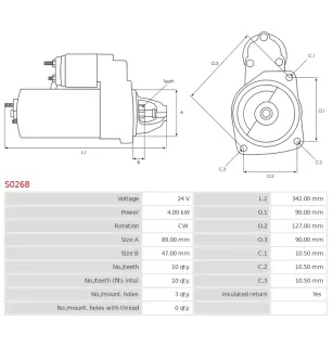 Démarreur 24V 4.00kW 10 dents AS-PL S0268, BOSCH 0001368067, B001816422, CUMMINS 3283721, DAF AELD190