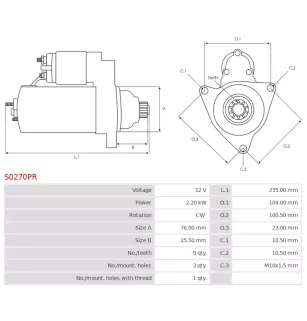 Démarreur 12V 2.20kW 9 dents Remplace BOSCH 0001125609, 0001125610, CARGO 114775, 115502, VW 056911024J