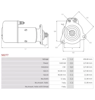 Démarreur 24V 9.00kW 11 dents AS-PL UD16939S, BOSCH 0001510002, 0001510274, B0001510274, CHRYSLER 035530035A