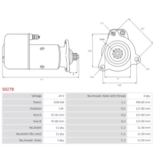 Démarreur 24V 9.00kW 11 dents BOSCH 0001350027, 0001510039, PRESTOLITE 861048, 3EFFE STRS444, CASCO CST10757AS