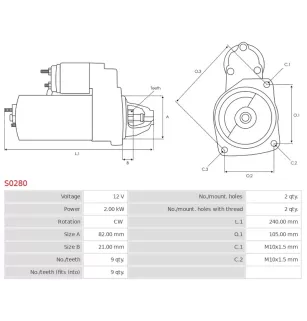 Démarreur 12V 2.00kW 9 dents BOSCH 0001109042, ISKRA / LETRIKA 11.130.899, 11.131.674, AZE2573, IS0899