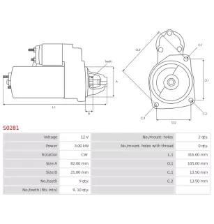 Démarreur 12V 3.00kW 9 dents AS-PL S0281, BOSCH 0001230012, 0001262029, 0001367005, DELCO 19024250