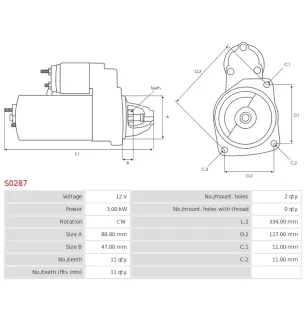 Démarreur 12V 3.00kW 11 dents BOSCH 0001359030, 0001359085, 0001367025, VOLVO 240840 4785540