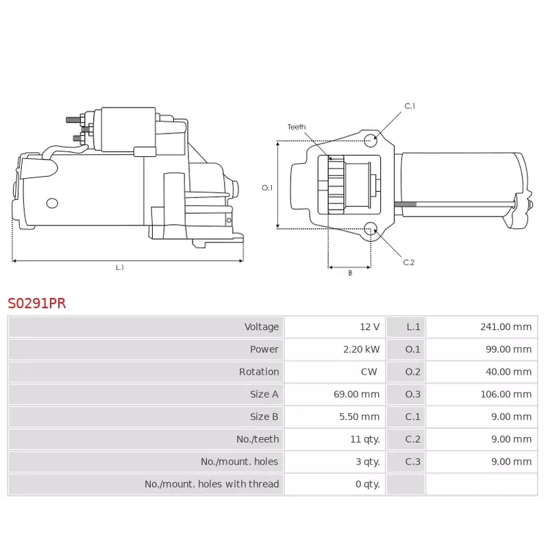 Démarreur 12V 2.20kW 11 dents BMW 12417798006, 12417804140, 12417812034, 12417823700, 12417823701