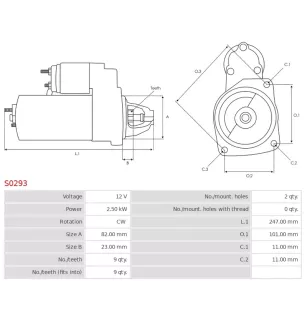 Démarreur 12V 2.50kW 9 dents AS-PL S0293, BOSCH 0001109369, DEUTZ 01182382, KHD 1181751, 1182124