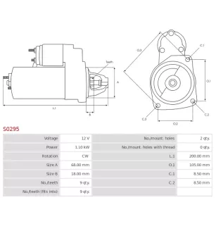 Démarreur 12V 1.10kW 9 dents AS-PL S0295, BOSCH 0001107401, 0001107408