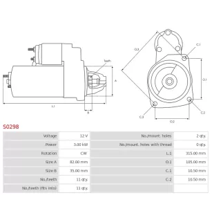 Démarreur 12V 3.0kW 11 dents AS-PL S0298, BOSCH 0001230003, 0001230005