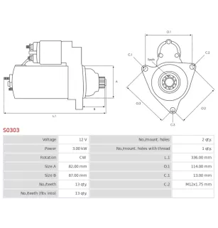 Démarreur 12V 3.00kW 13 dents AS-PL S0303, BOSCH 0001230015, 0001230016, 0001230028, 0001230029