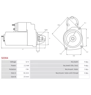 Démarreur 12V 2.2kW 9 dents BOSCH 0001218151, 0001218164, 0001218764, 0986017010, DELCO DRS3275