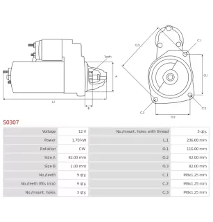 Démarreur 12V 1.70kW 9 dents AS-PL S0307, UD15141S, BOSCH 0001115078, 0001115079, 0001115114