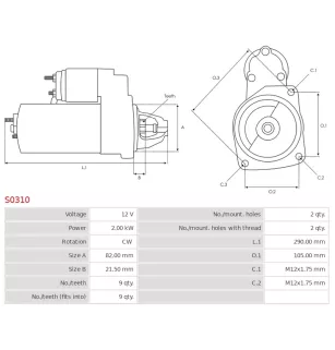 Démarreur 12V 2.00kW 9 dents AS-PL S0310, UD15025S, BOSCH 0001362001, 0001362002, 0001362029