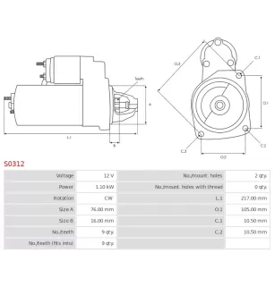 Démarreur 12V 1.10kW 9 dents AS-PL S0312, BOSCH 0001107033, 0001107051, 0001107062, 0001108129