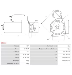 Démarreur 12V 2.10kW 9 dents AS-PL S0313, BMW 12414457944, 12417537491