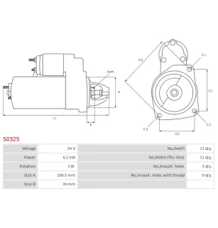 Démarreur 24V 6.2kW 11 dents BOSCH 0001372004, DAF 1346163