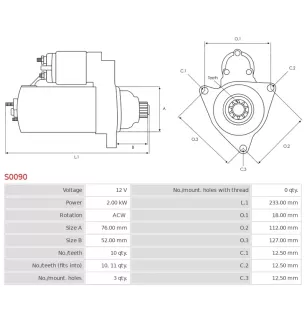 Démarreur 12V 2.00KW 10 dents VW 02Z911023F, 02Z911023FX, 02Z911023H, 02Z911023HX, 02Z911023M, 02Z911024J
