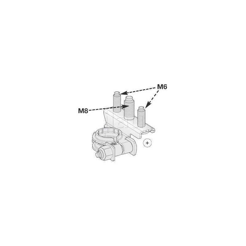 Pluspol der Batterie 3 Anschlüsse: 1 M8-Stab + 2 M6-Stäbe Pluspol der Batterie 3 Anschlüsse: 1 M8-Stab + 2 M6-Stäbe