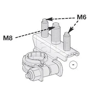 Terminali batteria Negativo 3 collegamenti: 1 asta M8 + 2 aste M6