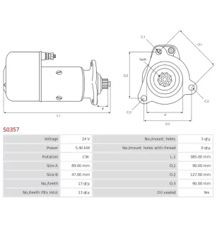 Démarreur 24V 5.40kW 13 dents BOSCH 0001416064, DELCO 19024050, ISKRA / LETRIKA IS9108, WAI / TRANSPO UNIT BOM 920-1292