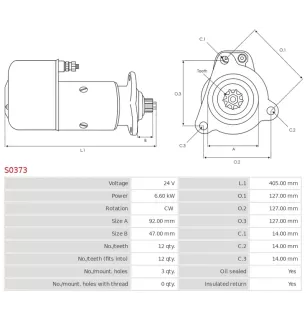 Démarreur 24V 6.60kW 12 dents Remplace BOSCH 0001417063, 0001417067
