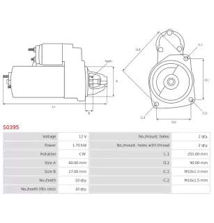 Démarreur 12V 1.70kW 10 dents AS-PL S0395, UD30049S, BOSCH 0001108213, 0001108214, 0001115005