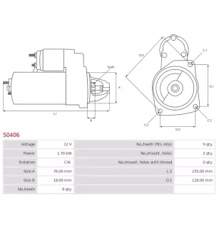 Démarreur 12V 1.70kW 9 dents BOSCH 6004AA3015, CARGO 113815, OPEL 6202052, 9007007, 9200890