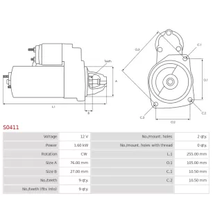 Démarreur 12V 1.60kW 9 dents AS-PL S0411, BMW 12411466100, 12411720636