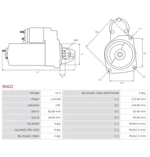 Démarreur 12V 2.20kW 9 dents AS-PL S0422, BOSCH 0001218141, 0001218741, CARGO 111421, DELCO DRS5930