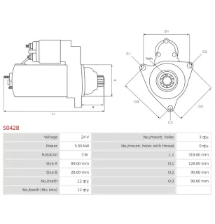 Démarreur 24V 5.50kW 12 dents BOSCH 0001241023, 3EFFE STRF577, ELECTROLOG STR10195, KRAUF STB4123, POWERMAX 88212349