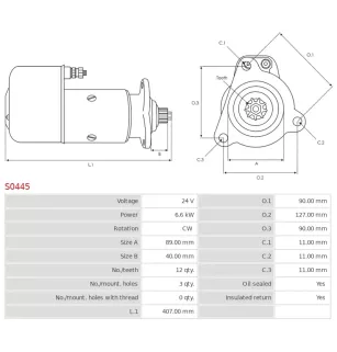 Démarreur 24V 6.6kW 12 dents AS-PL S0445, UD00247S, UD16633S