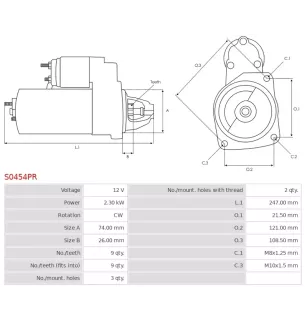 Démarreur 12V 2.30kW 9 dents BOSCH 0001223018, 0001223019, 0986024120, CARGO 114776, DELCO DRS0224