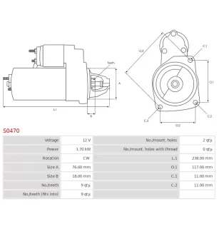 Démarreur 12V 1.70kW 9 dents AS-PL UD00111S, BOSCH 0001115012, 0001115024, DELCO DRS3833, OPEL 55351631