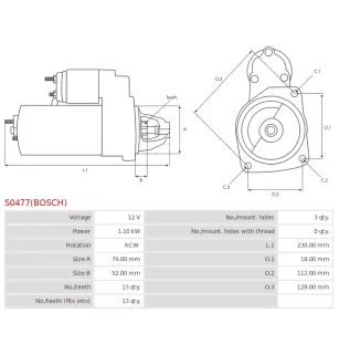 Démarreur 12V 1.10kW 13 dents AS-PL UD14657S, BOSCH 0001179502, 0001179503, 0001179514, 0001179515
