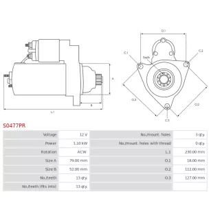 Démarreur 12V 1.10kW 13 dents Remplace BOSCH 0001179502, 0001179503, 0001179514, 0001179515, 0986026130