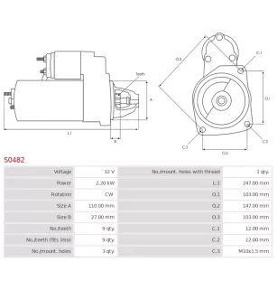 Démarreur 12V 2.20kW 9 dents AS-PL S0482, UD01859S, BOSCH 0001109344, 0001109345, 0001218174