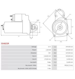 Démarreur 12V 2.20kW 9 dents Remplace BOSCH 0001109344, 0001109345, 0001218174, 0001218774, 0001362102