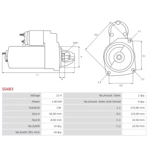 Démarreur 12V 1.40kW 10 dents AS-PL S0483 UD01839S, BOSCH 0001108411, 0001108412, CARGO 114746