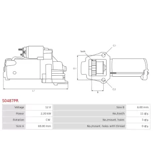 Démarreur 12V 2.20kW 11 dents BMW 12417798006, 12417804140, 12417812034, 12417823700, 12417823701