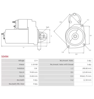 Démarreur 12V 1.10kW 9 dents AS-PL S0494, UD90043S, BOSCH 0001107440, 0001107441, 0986021560